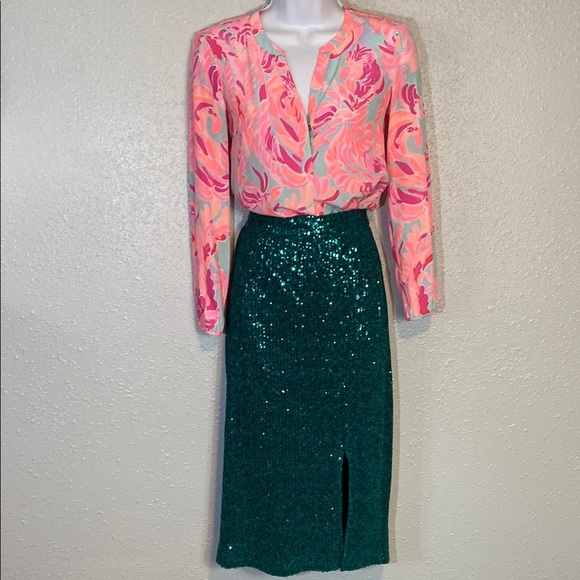 Anthropologie Teal Green Sequin Midi Pencil Skirt with Slit - Picture 1 of 11